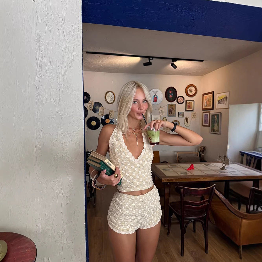 Sexy Chic Halter-top And Figure-hugging Lace-panelled Shorts by Ricaloux