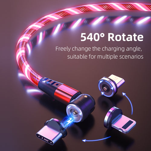540 Rotate Luminous Magnetic Cable 3A Fast Charging Mobile Phone Charge Cable For LED Micro USB Type C For I Phone Cable by Ricaloux