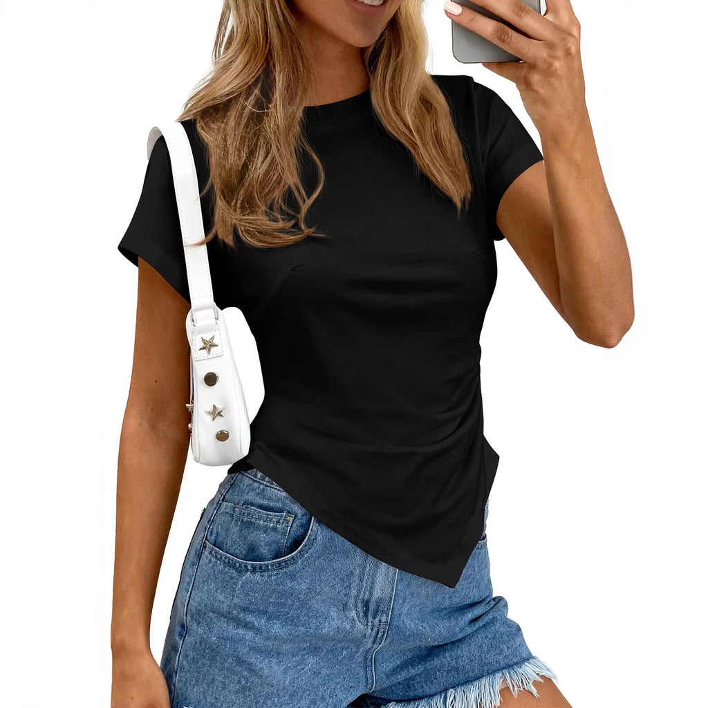 Womens Solid-Color Crew-Neck Y2K Asymmetric Pleated Top by Ricaloux