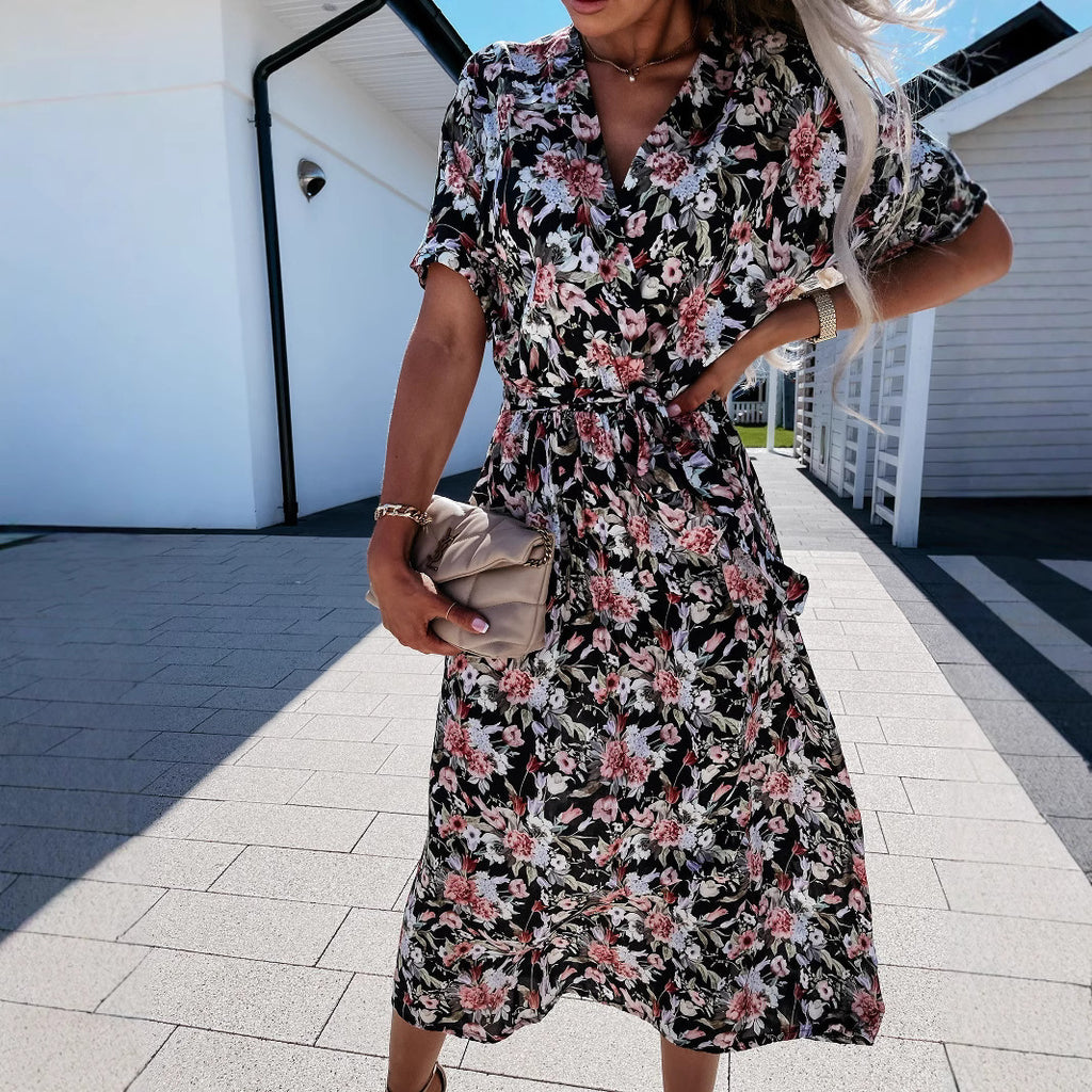 Womens Fashion Floral V-Neck Defined Waist Short-Sleeve Dress by Ricaloux