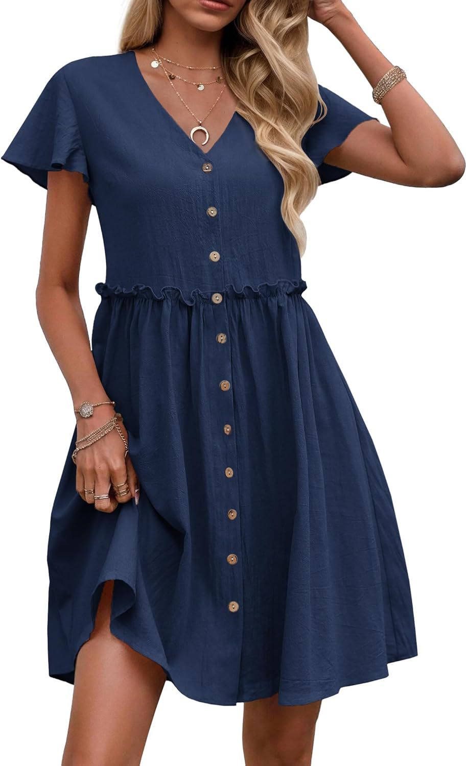 Bohemian-style Vacation V-neck Short-sleeve Ruffled Womens Dress by Ricaloux