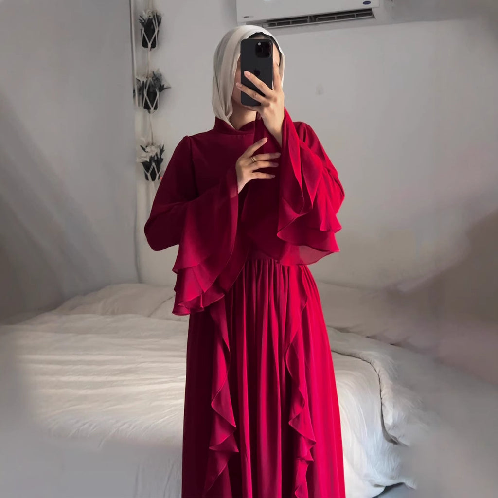 Chiffon Long Dress With Ruffled Trim And Panel Stitching by Ricaloux