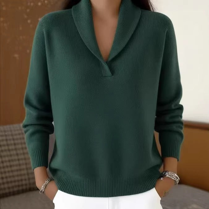 Fashionable Solid-color V-neck Long-sleeve Loose-fit Pullover by Ricaloux
