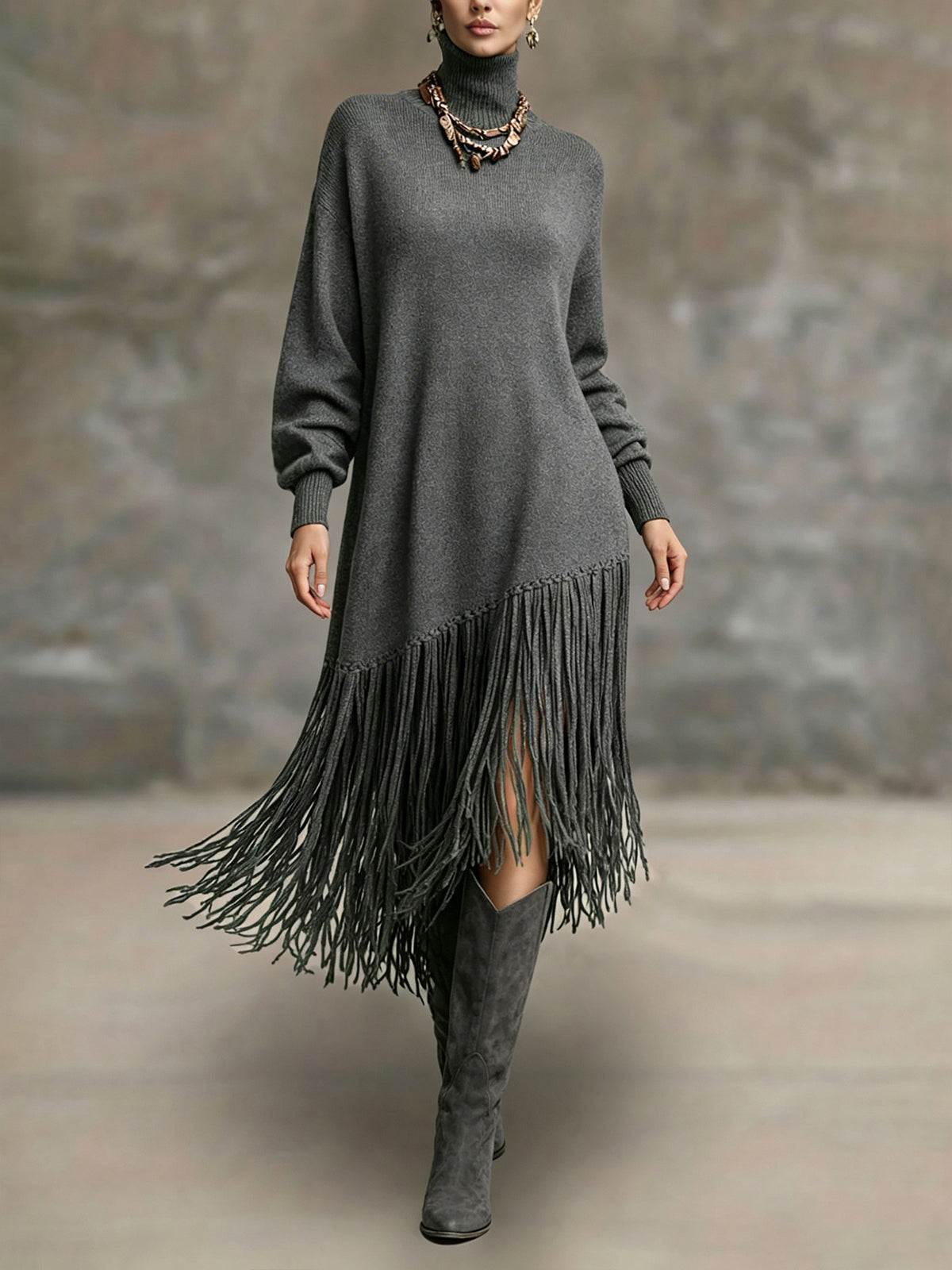 Womens Long Tassel Solid-Color Versatile Dress – Premium 0 | RICALOUX