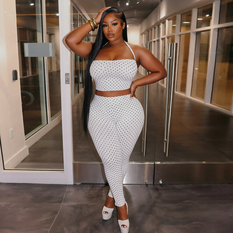 Womens Polka-dot Print Halter-neck Sexy Tube Top And Tight-fitting Trousers Two-piece Set by Ricaloux