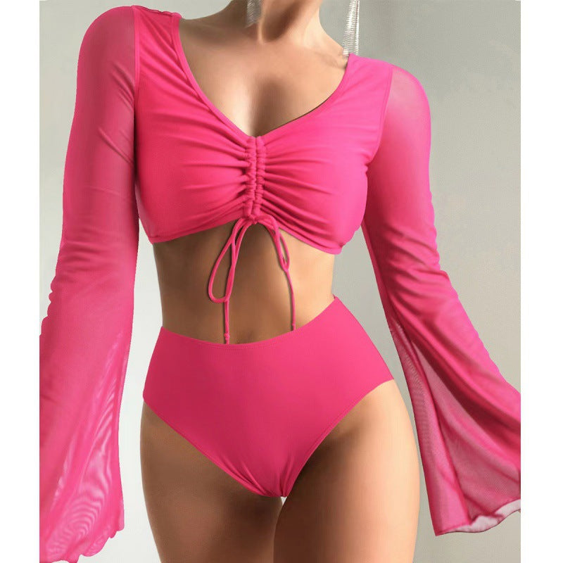 Solid-color High-waisted Modest Spliced Swimsuit With Mesh Panels – Premium 0 | RICALOUX
