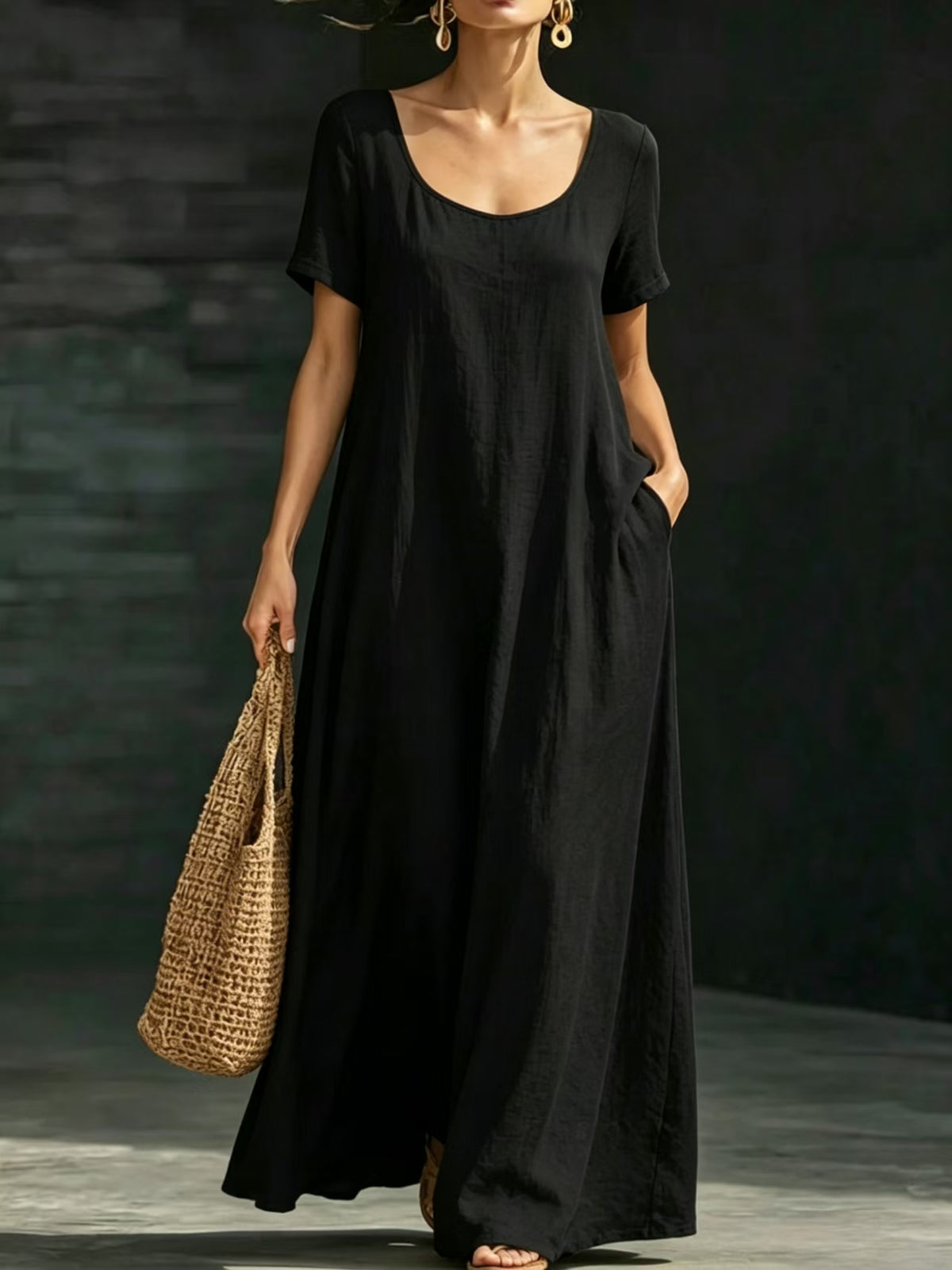 Summer Dress U-neck Short-sleeve Loose Casual Pure Color Full-skirted Long Dress by Ricaloux