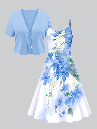 Two-piece V-neck Slip Dress With Digital Print by Ricaloux