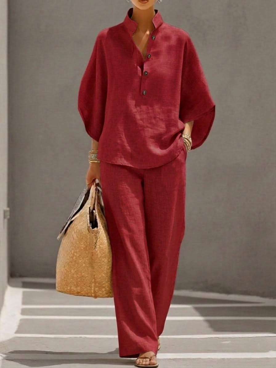 Linen Blend Stand Collar Half Button Batwing Sleeve Top & Wide Leg Pants Casual Two Piece Vacation Outfit Set by Ricaloux