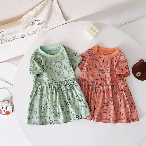 Children's Cotton Baby Girl Clothes Cartoon Printed Summer Dress - RICALOUX