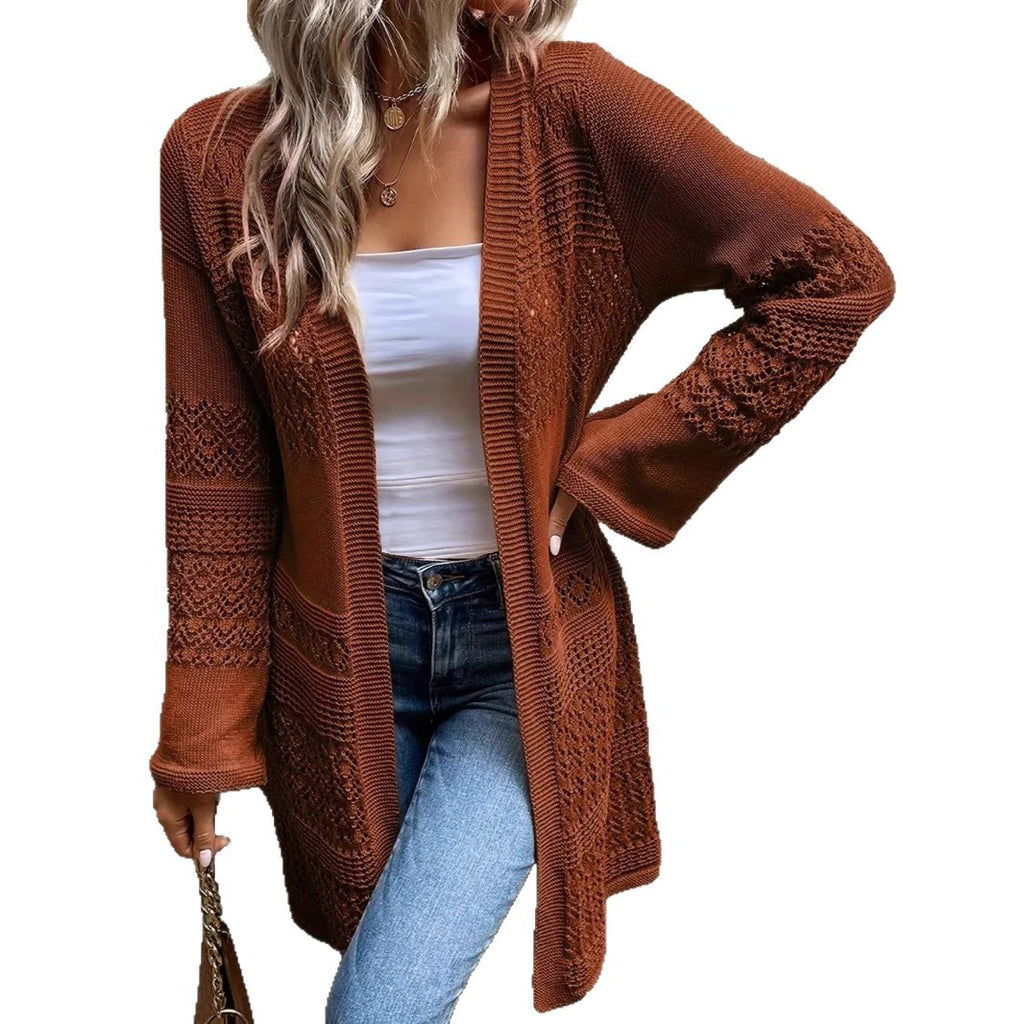 Elegant Mature Solid-color Hollow-out Long-sleeve Plus-size Womens Cardigan by Ricaloux