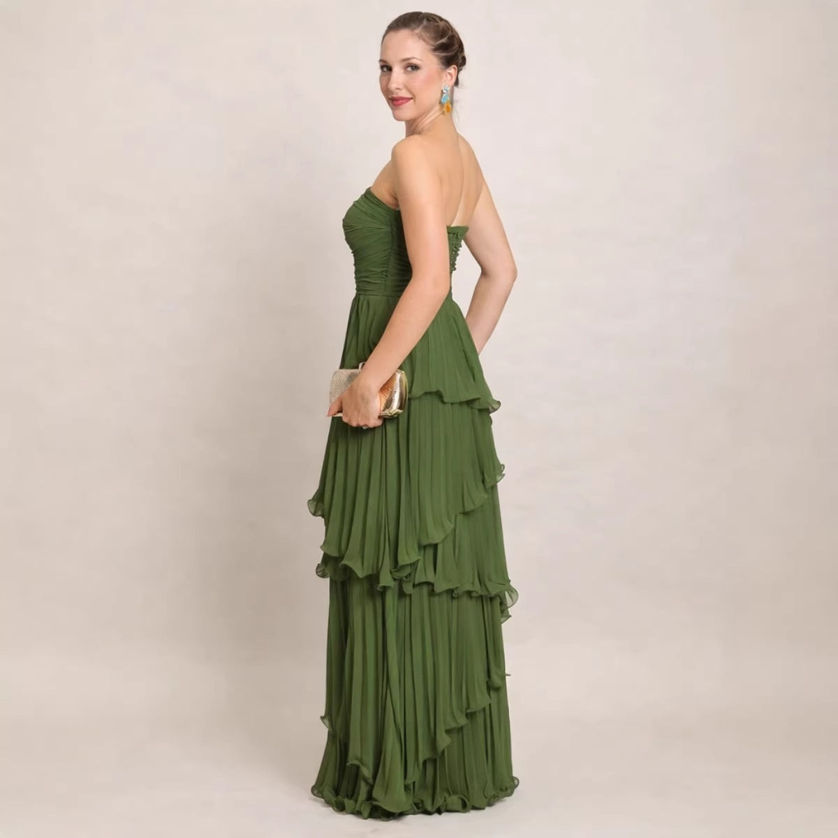 Solid-color Strapless Waist-cinching Tiered Pleated Dress by Ricaloux