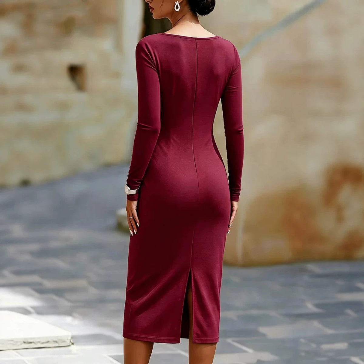 Boat Neck Long Sleeves Figure-hugging Hip-skimming Midi Dress For Women by Ricaloux