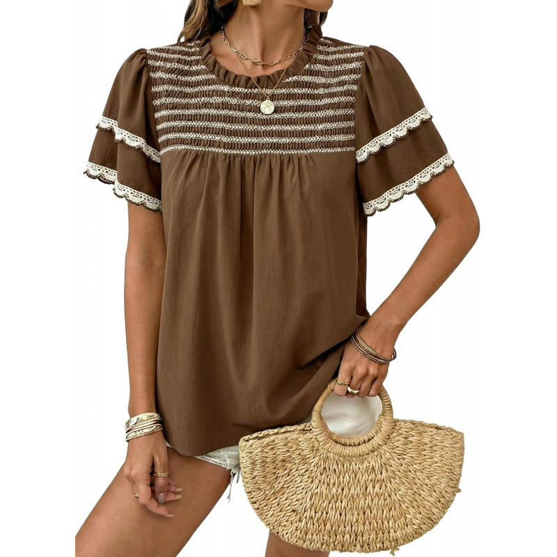 Womens Round-neck Ruffled Short-sleeve Blouse – Premium 0 | RICALOUX