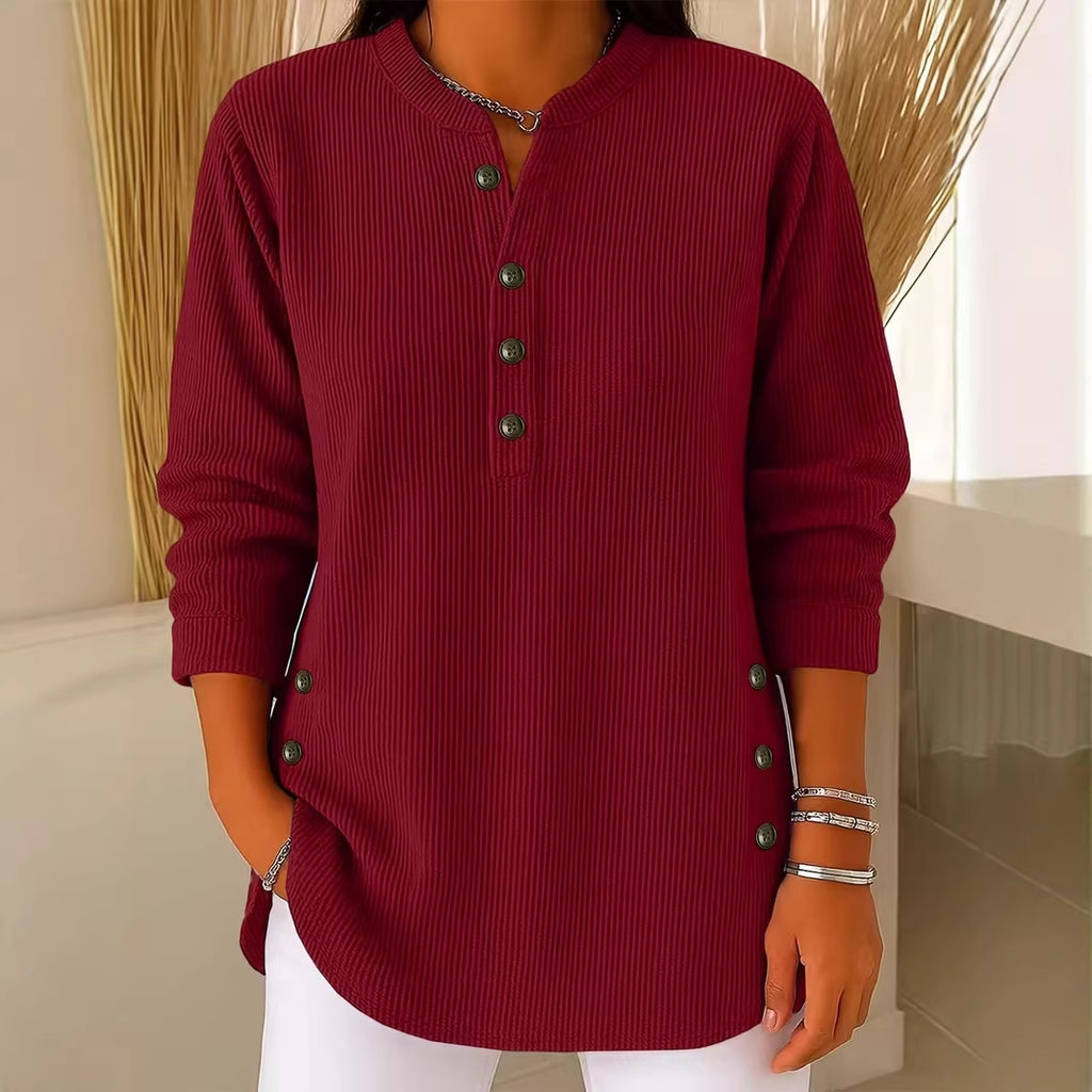 Womens Solid-color Corduroy Casual V-neck Long-sleeve Top With Buttons by Ricaloux