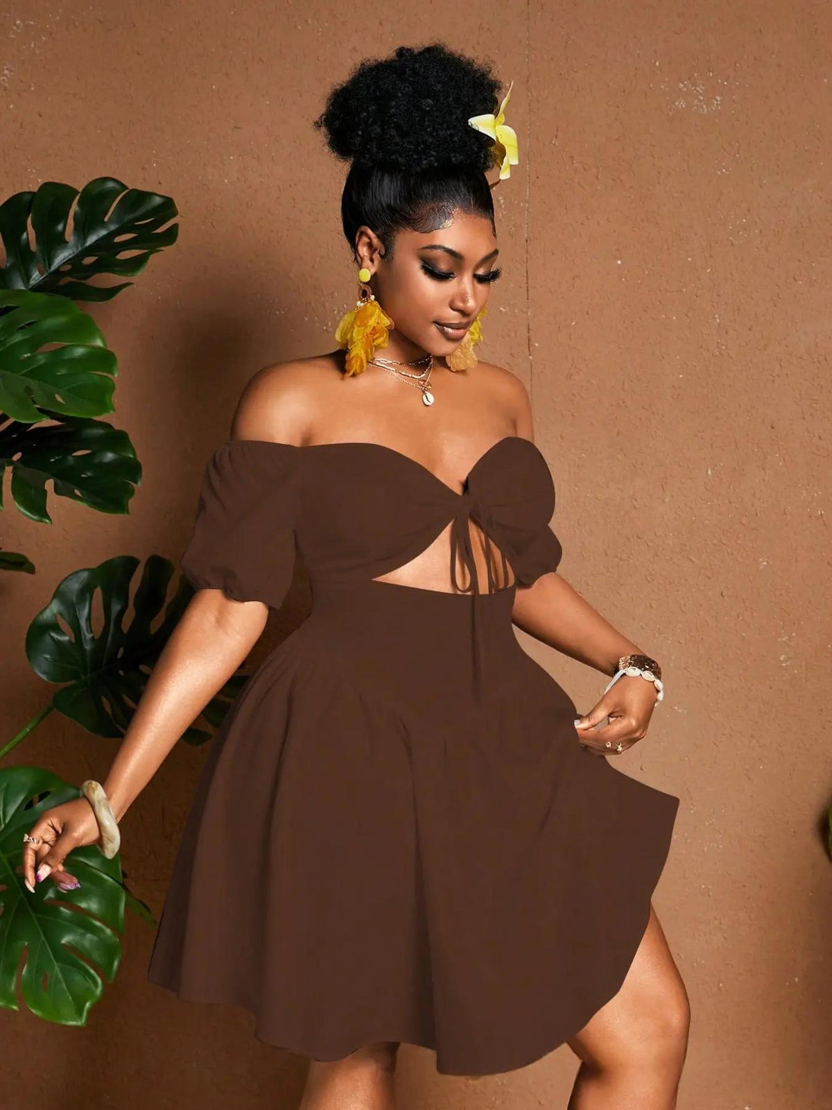 Womens Solid-color Plus-size Off-shoulder Midriff-baring Puff-sleeve Dress by Ricaloux