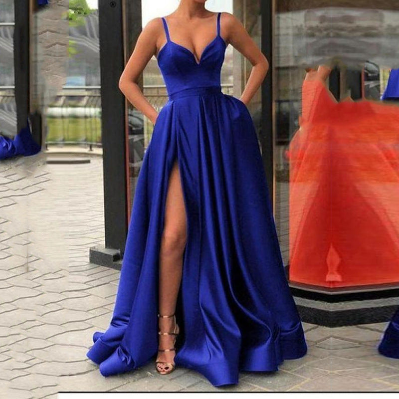 Slimming Color Slip Dress With A Trailing Satin Evening Gown For Banquets by Ricaloux