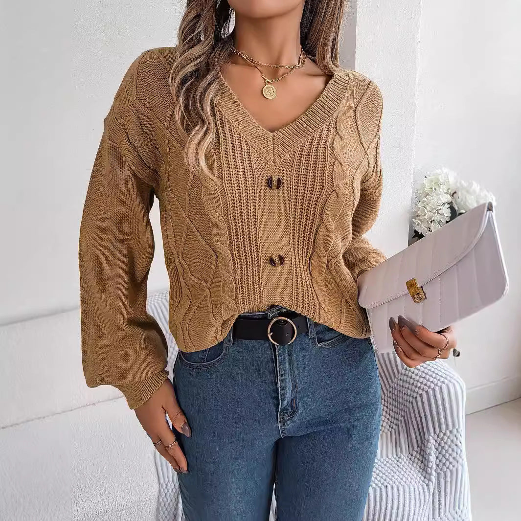 Solid-color V-neck Buttoned Cable-knit Puff-sleeve Pullover Sweater by Ricaloux