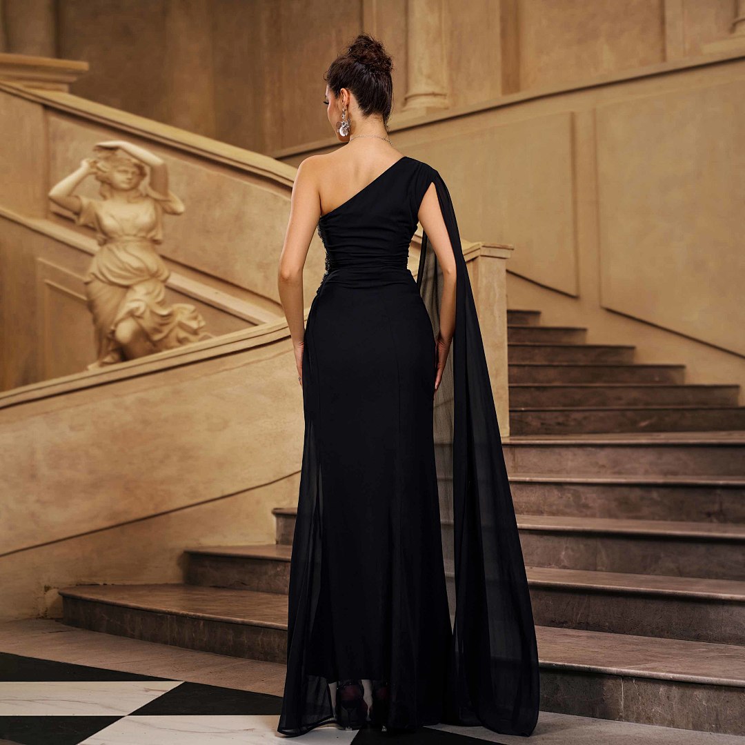 One-Shoulder Evening Gown With Beaded Embellishment by Ricaloux