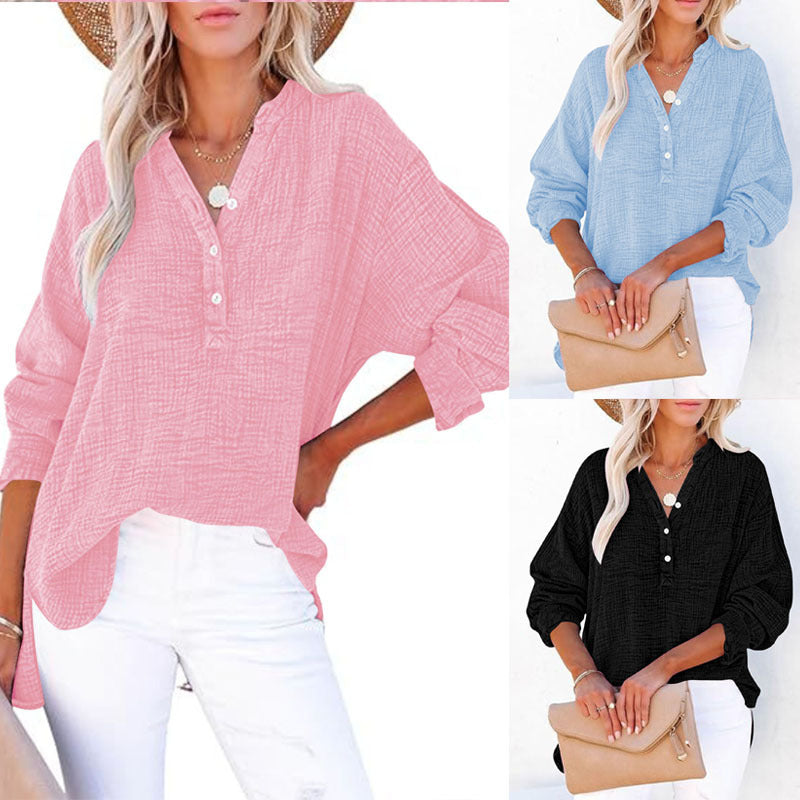 Women's Casual V-Neck Long Sleeve Blouse - Loose Fit Textured Cotton Henley Shirt For Summer – Premium 4 | RICALOUX