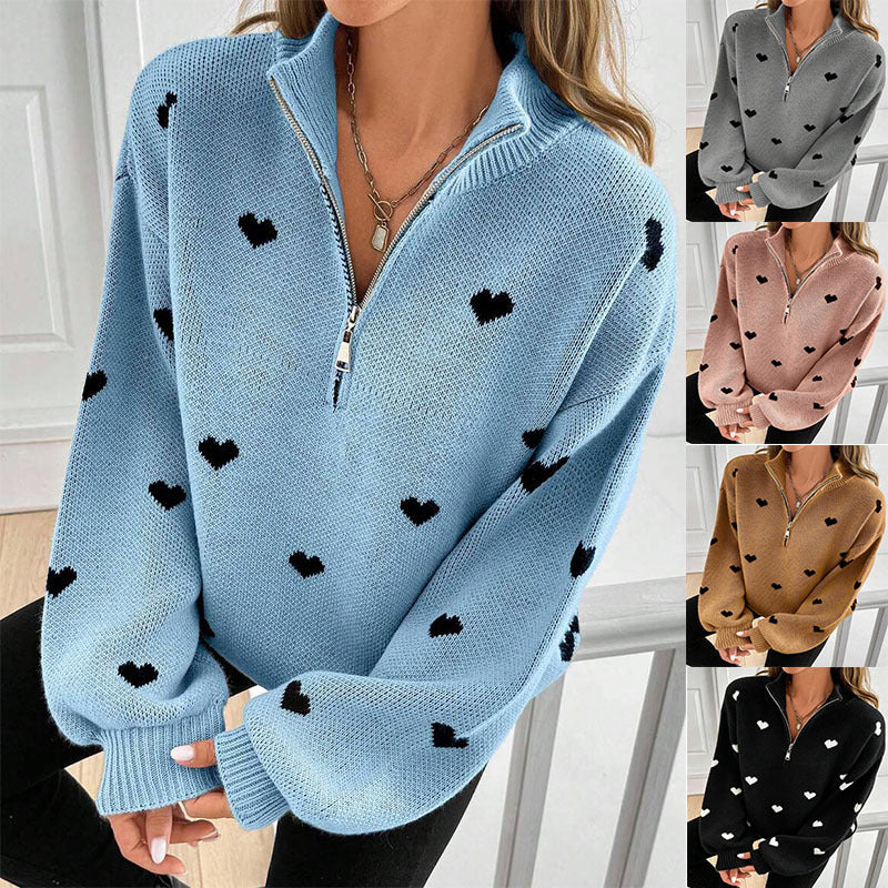 Womens Knitted Long-sleeve Sweater With A Heart-pattern Zipper – Premium 0 | RICALOUX