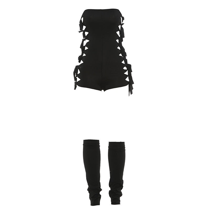 Womens Stylish Hollow-out Lace-up Bodysuit And Versatile Leg-sock Set – Premium 0 | RICALOUX