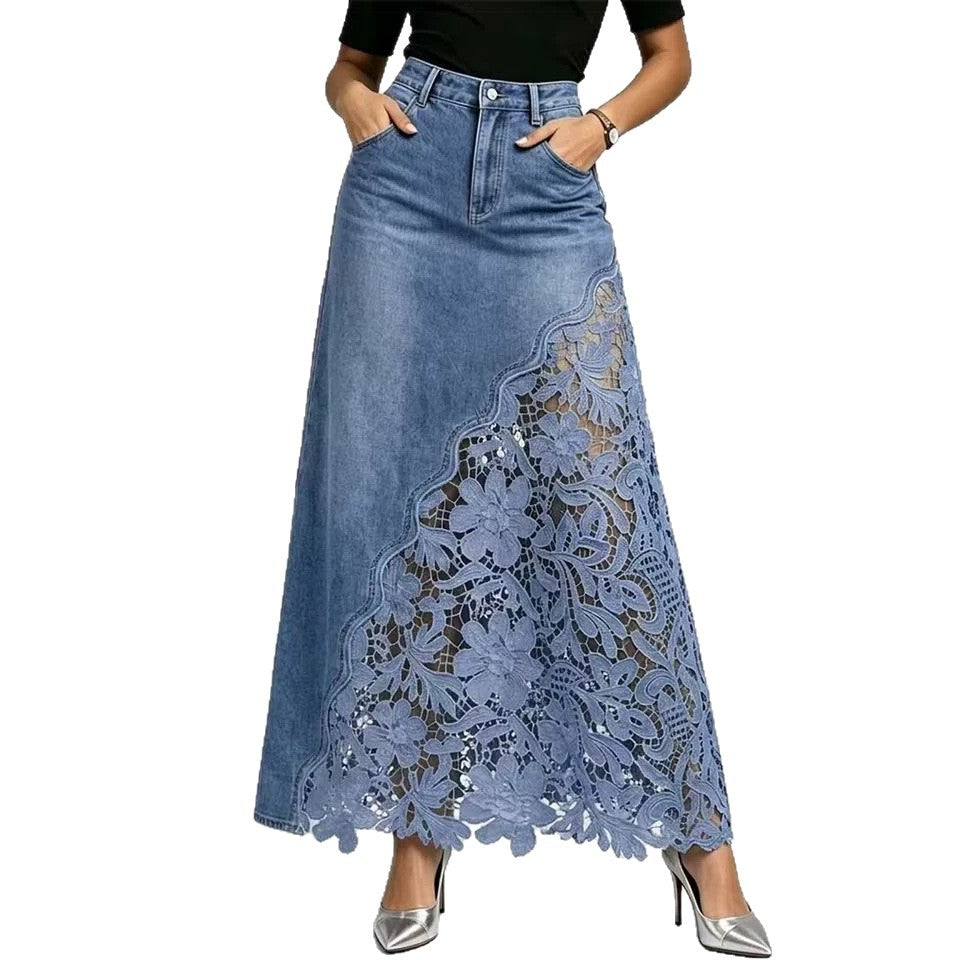 Washed Denim Lace-Panel Long Bodycon Skirt by Ricaloux