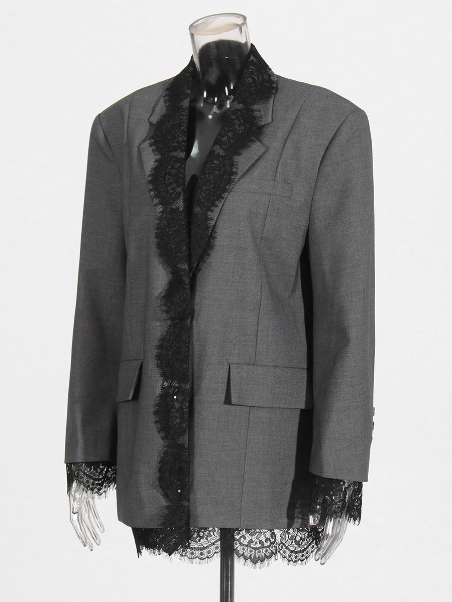 Elegant Grey Blazer Featuring A Lace-paneled Embroidered Lapel – Premium 4 | RICALOUX