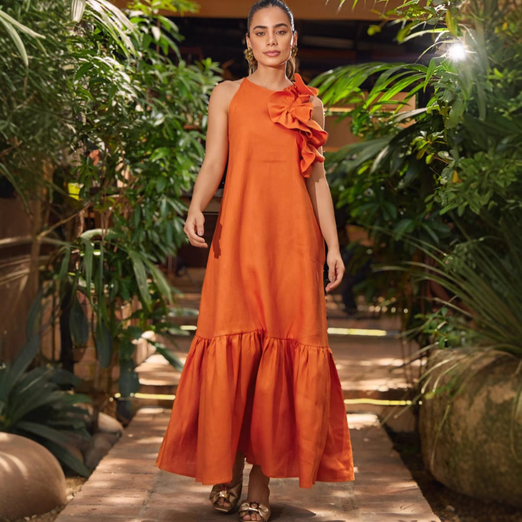 Ruffled-Trim Round-Neck Sleeveless Fashionable Casual Dress – Premium 0 | RICALOUX