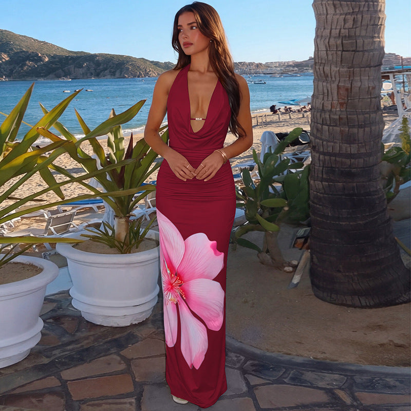 Lace-up Halter-neck Chic Printed Dress For Women – Premium 0 | RICALOUX