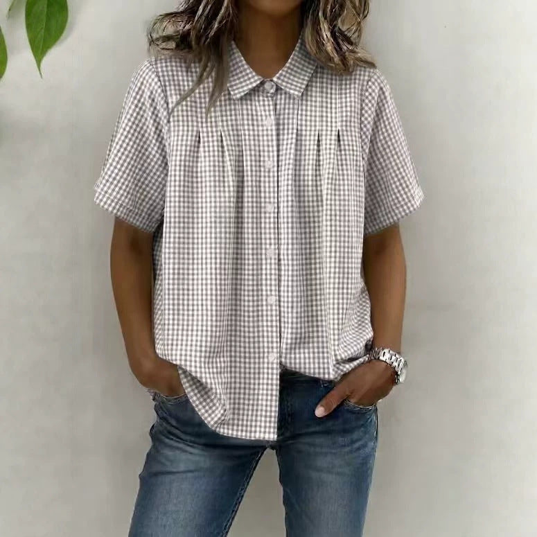 Womens Relaxed-fit Casual Lapel-neck Plaid Short-sleeve Shirt by Ricaloux