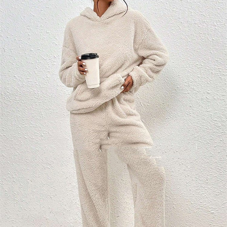 Fleece-lined Hooded Long Sleeve Dimensional Patch Pocket Casual Trousers Solid Color Suit - RICALOUX