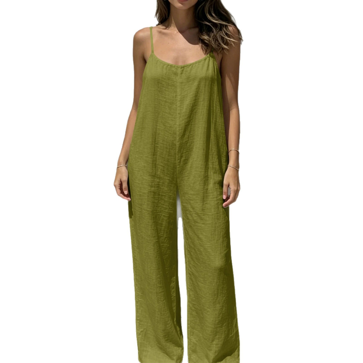 Womens Backless Drawstring Loose Strap Wide-leg Jumpsuit by Ricaloux