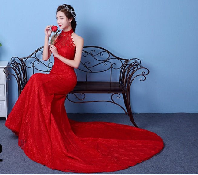 Big Red Wedding Dress Bride Large Size Waist Fishtail Wedding Dress Fishtail Tail Korean Hanging Neck - RICALOUX