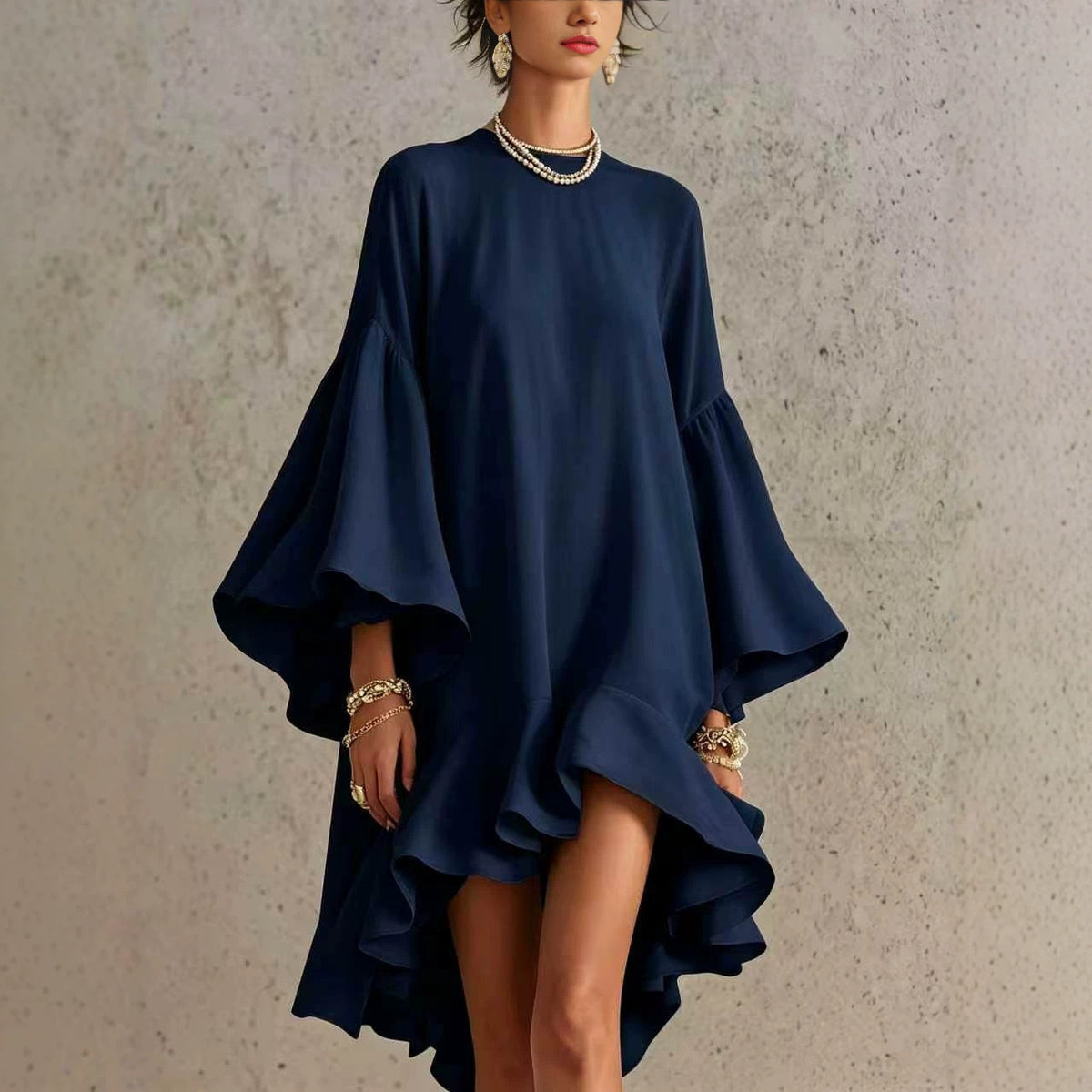 Asymmetrical Round-neck Dress With Puff Sleeves And Ruffled Trim by Ricaloux