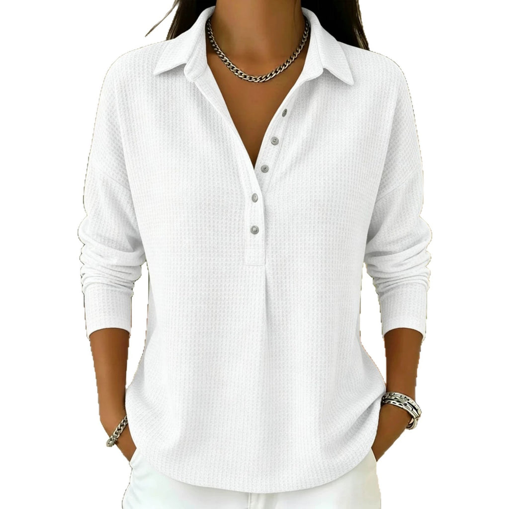 Waffle-weave Relaxed-fit Lapel Long-sleeve Solid-color Button-up Shirt by Ricaloux