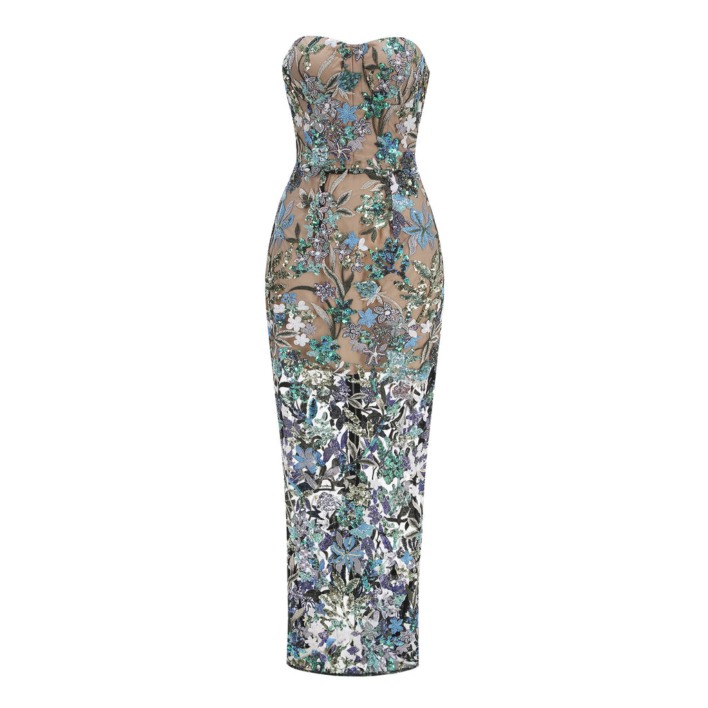 Embroidered Beaded Floral Strapless Dress For Women by Ricaloux