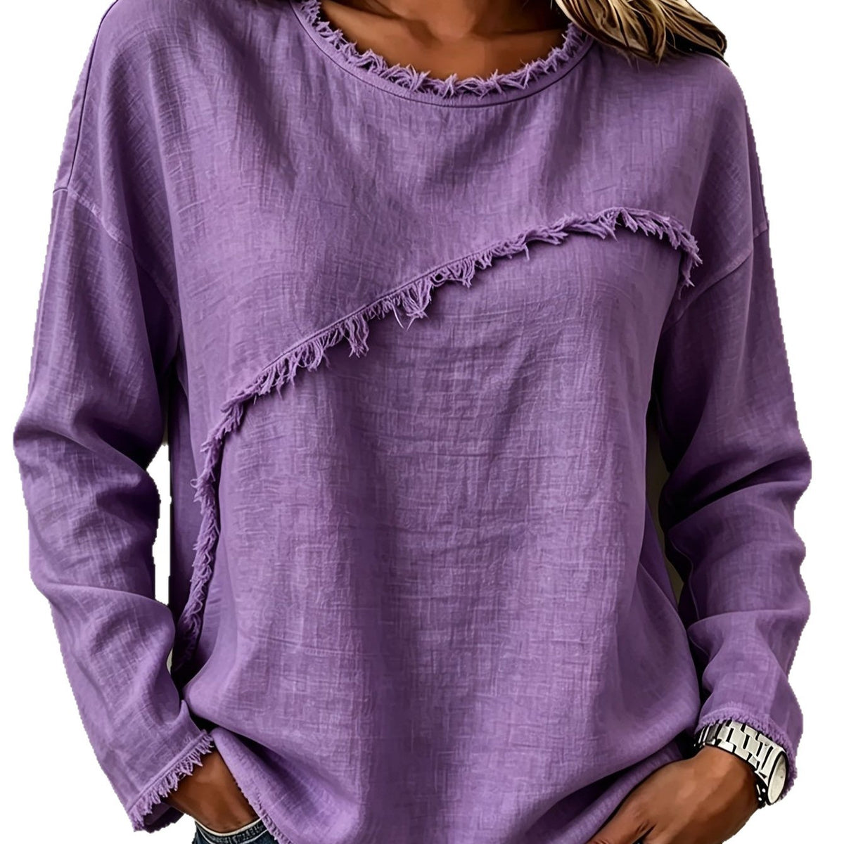 Round-neck Patchwork Lace Long-sleeve T-shirt Casual Top by Ricaloux