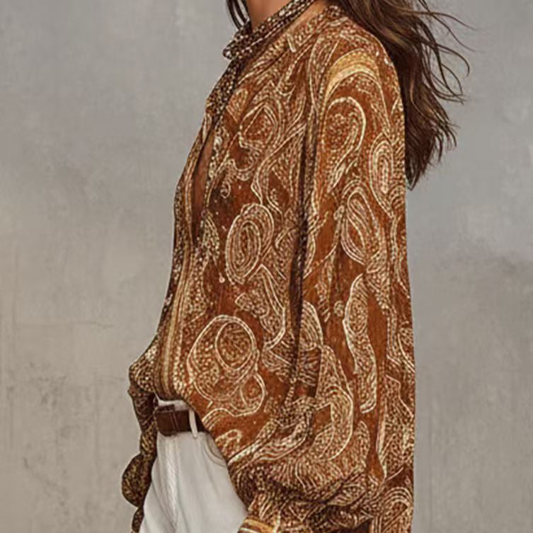 New Versatile Retro-print Long-sleeve Loose-fit Blouse, Womens Shirt by Ricaloux