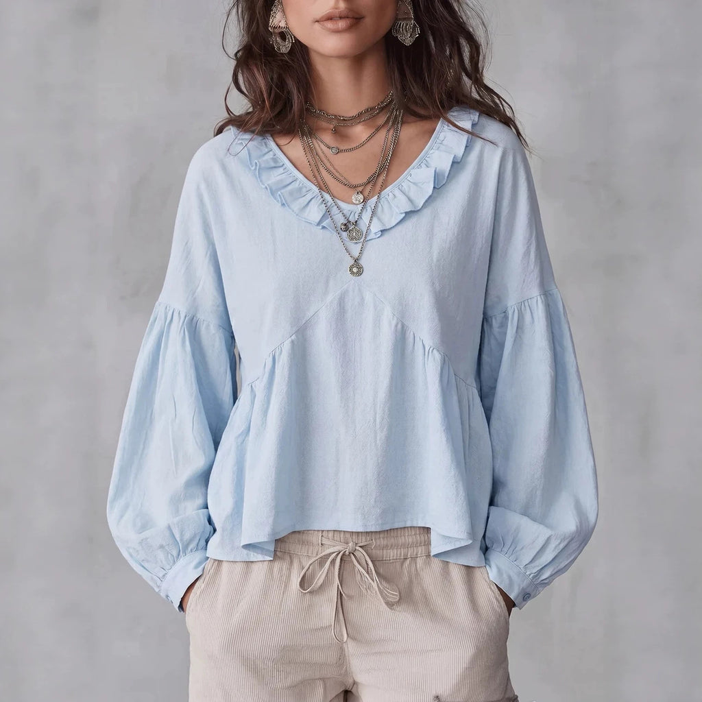 Vintage Lace-trimmed V-neck Long-sleeve Blouse – Premium 0 | RICALOUX