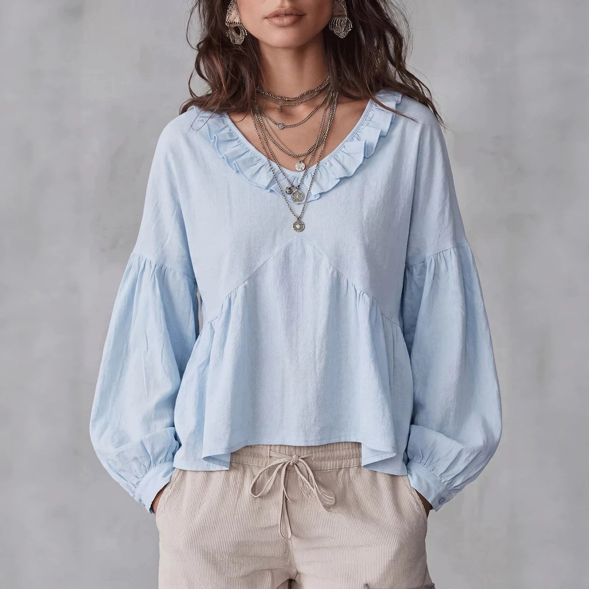 Vintage Lace-trimmed V-neck Long-sleeve Blouse – Premium 0 | RICALOUX