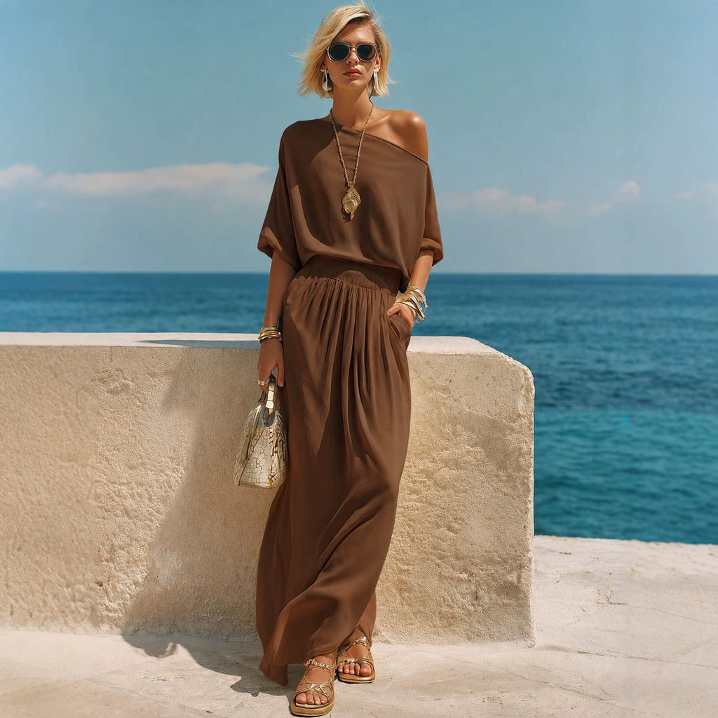 Womens Resort-Style Casual Off-Shoulder Long-Sleeve Top And Elastic-Waist Midi Skirt Set by Ricaloux