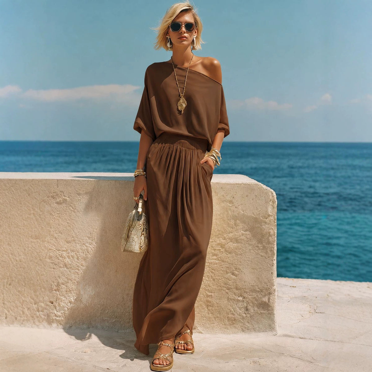 Womens Resort-Style Casual Off-Shoulder Long-Sleeve Top And Elastic-Waist Midi Skirt Set by Ricaloux