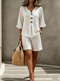 Summer Shorts Suits Womens Two-Piece Buttoned V-Neck Ruffle-Trim Top And Short Pant Set by Ricaloux