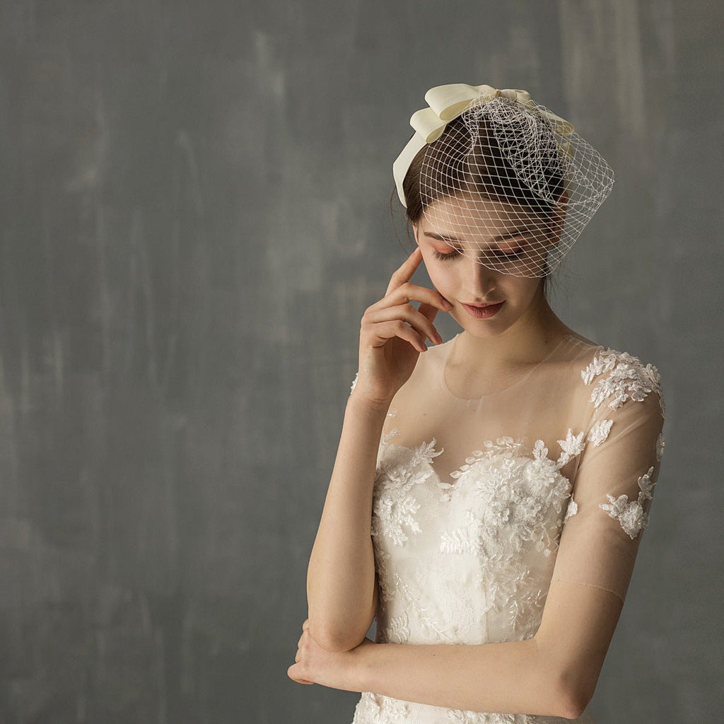 European And American White Mesh Bow Veil - RICALOUX