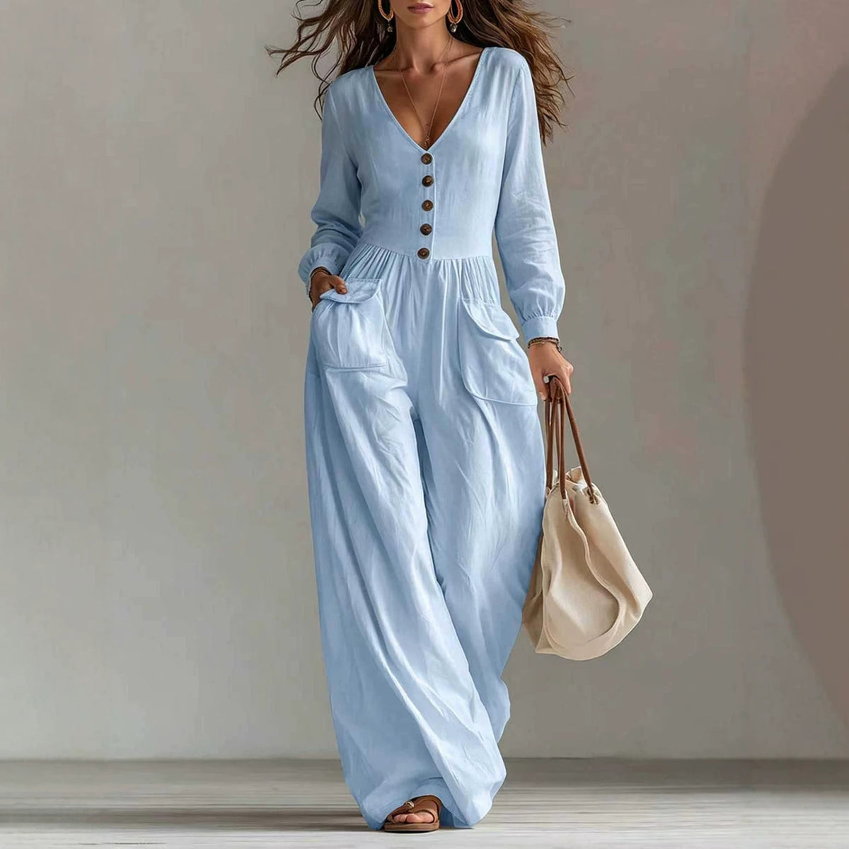 New Autumnwinter Casual Chic Womens V-neck Long-sleeve Jumpsuit With Pockets – Premium 0 | RICALOUX