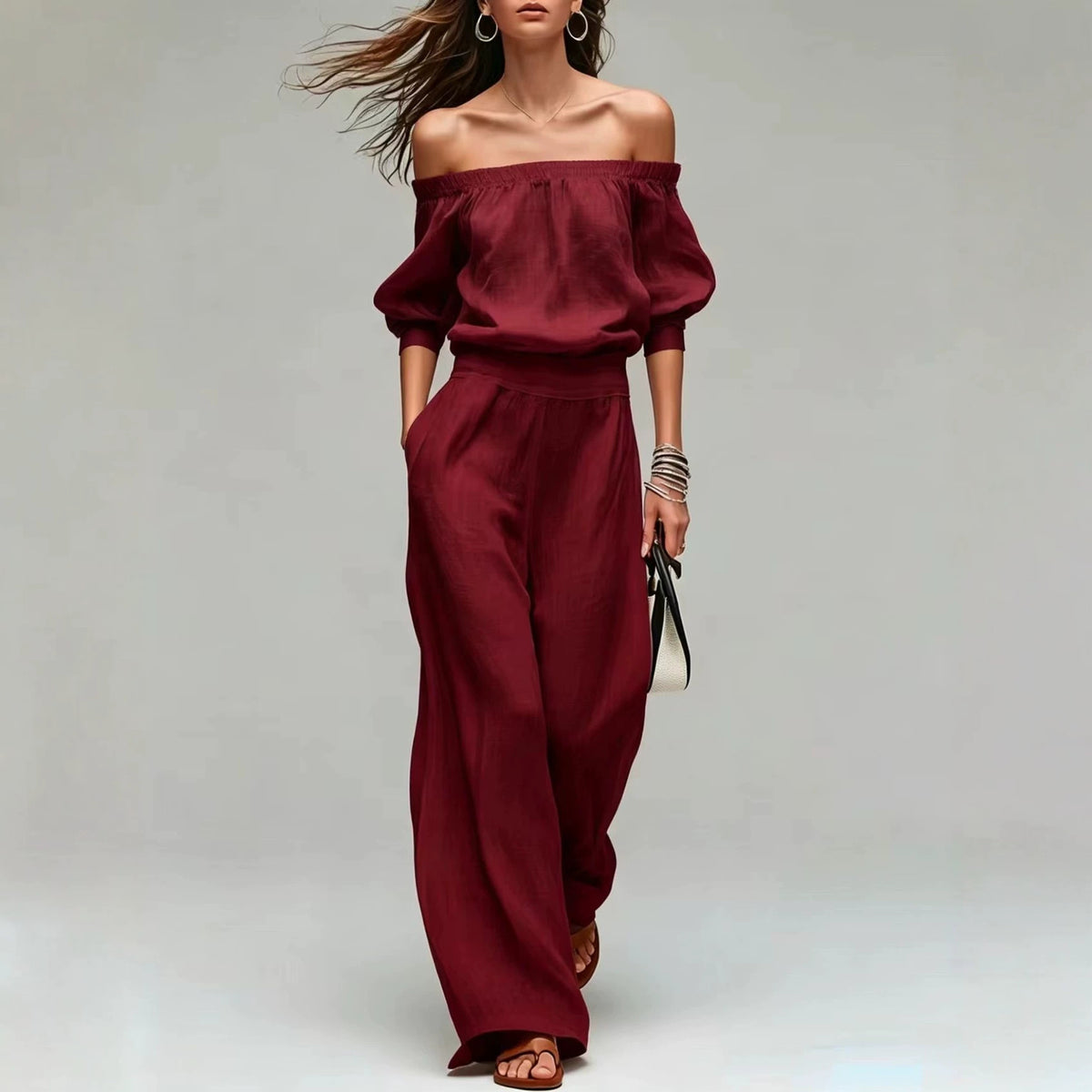 Cinched-top Blouse And Linen-textured Wide-leg Pants Set – Premium 0 | RICALOUX