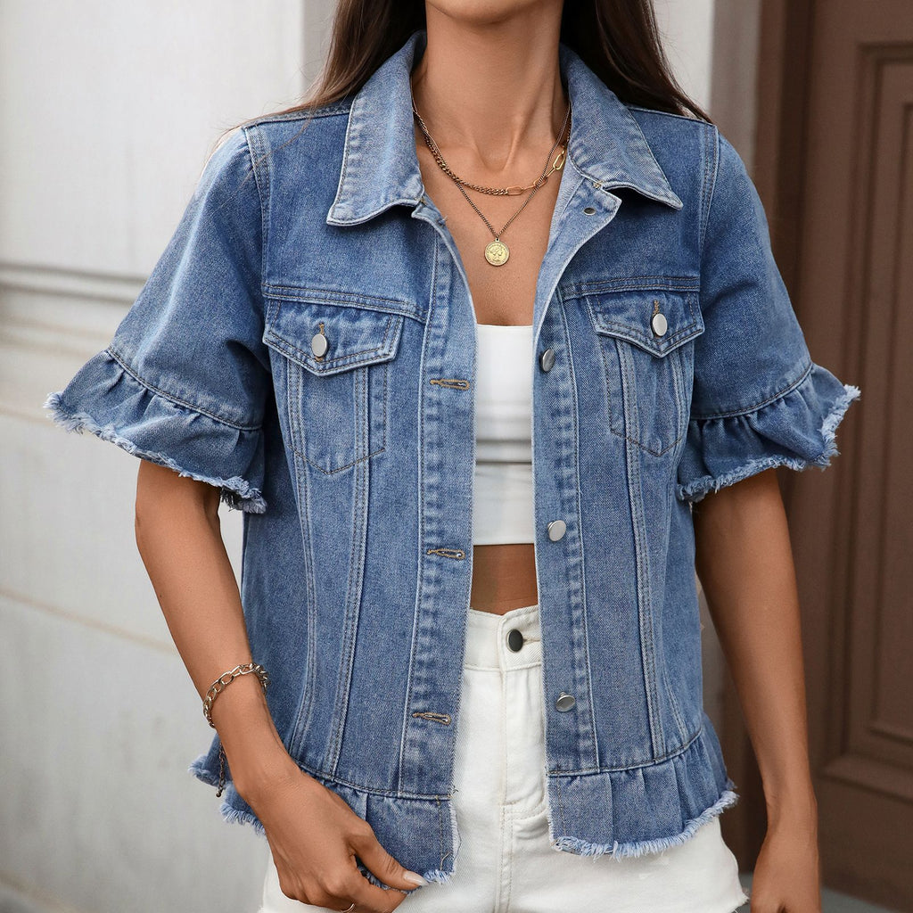 Washed American-style Chic WISH Fringed-hem Short-sleeve Denim Jacket by Ricaloux