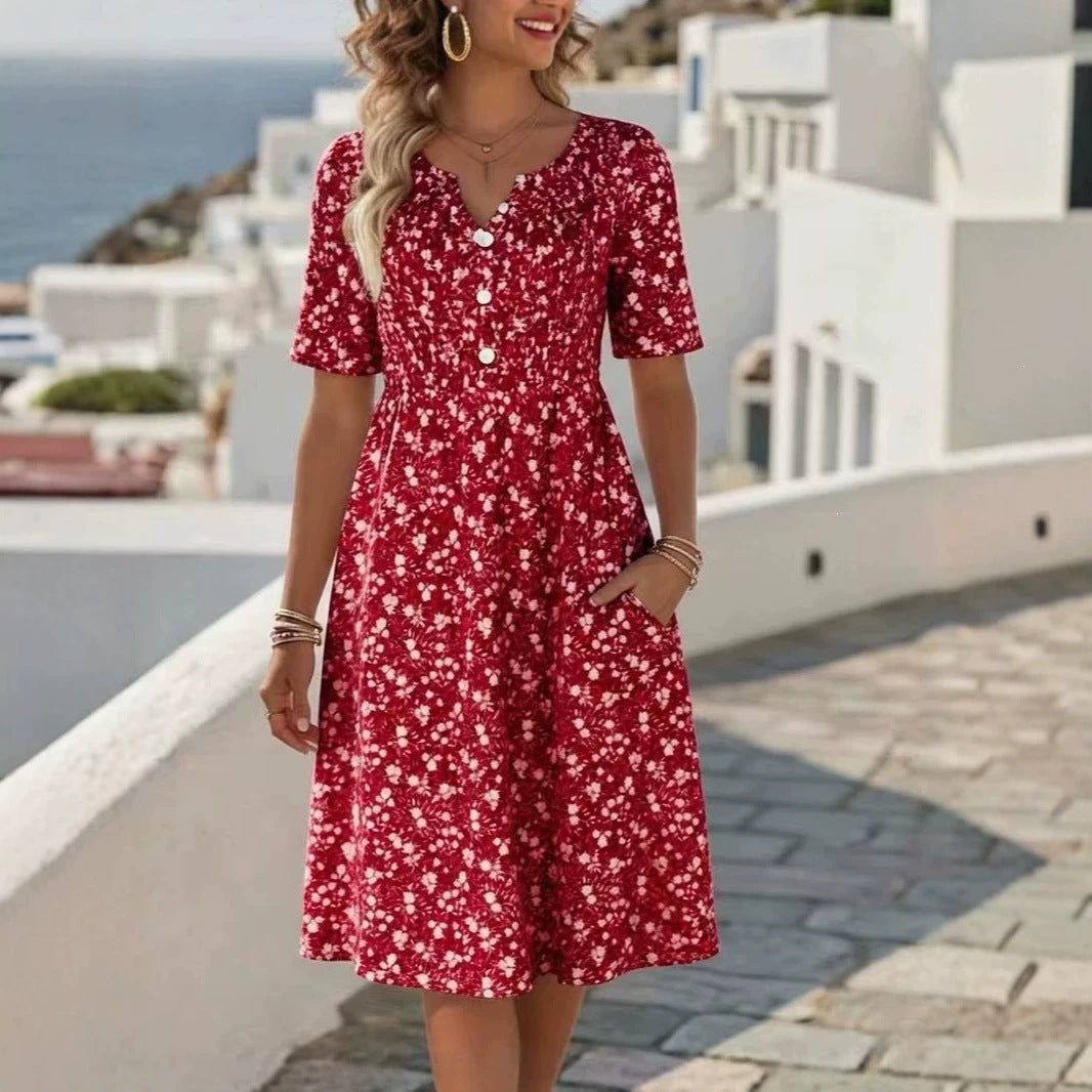 Womens Floral Print V-Neck Midi Dress With Short Sleeves – Premium 0 | RICALOUX