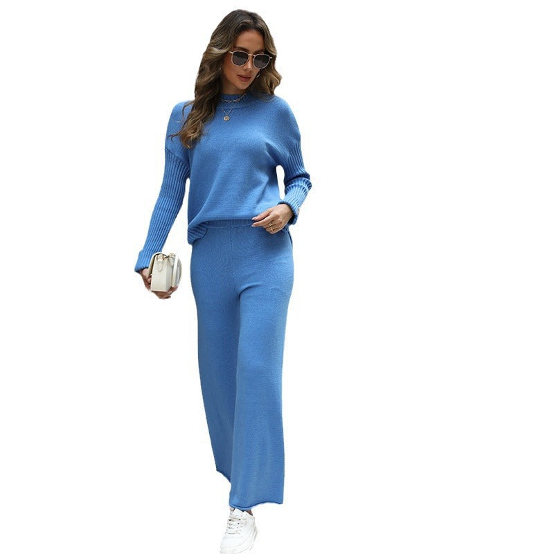 Commuter Casual Solid-Color Relaxed-Fit Long-Sleeve Sweater And Pants Set by Ricaloux